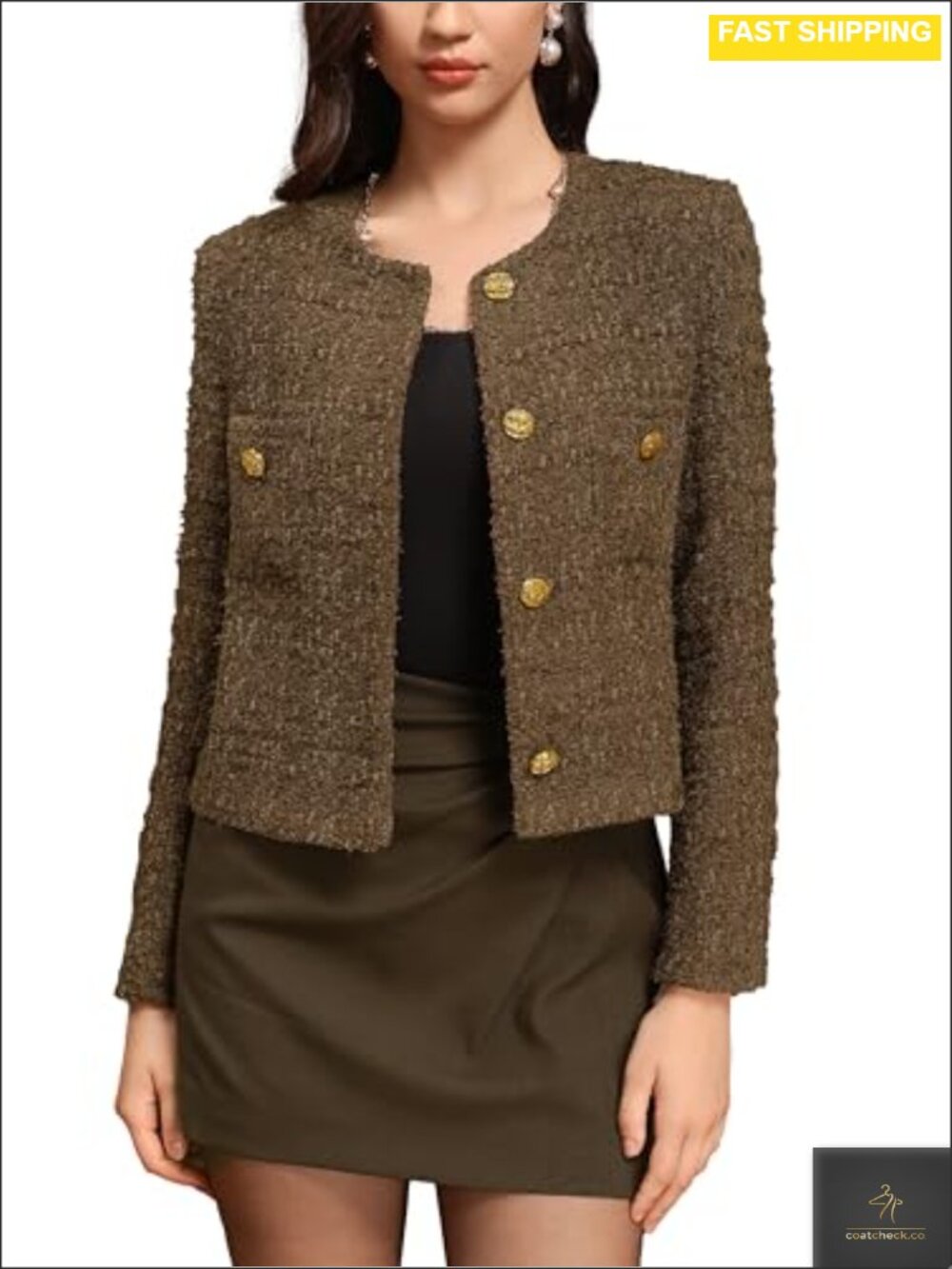 Cropped Tweed Blazer Women Wool Boucle Button Business Casual